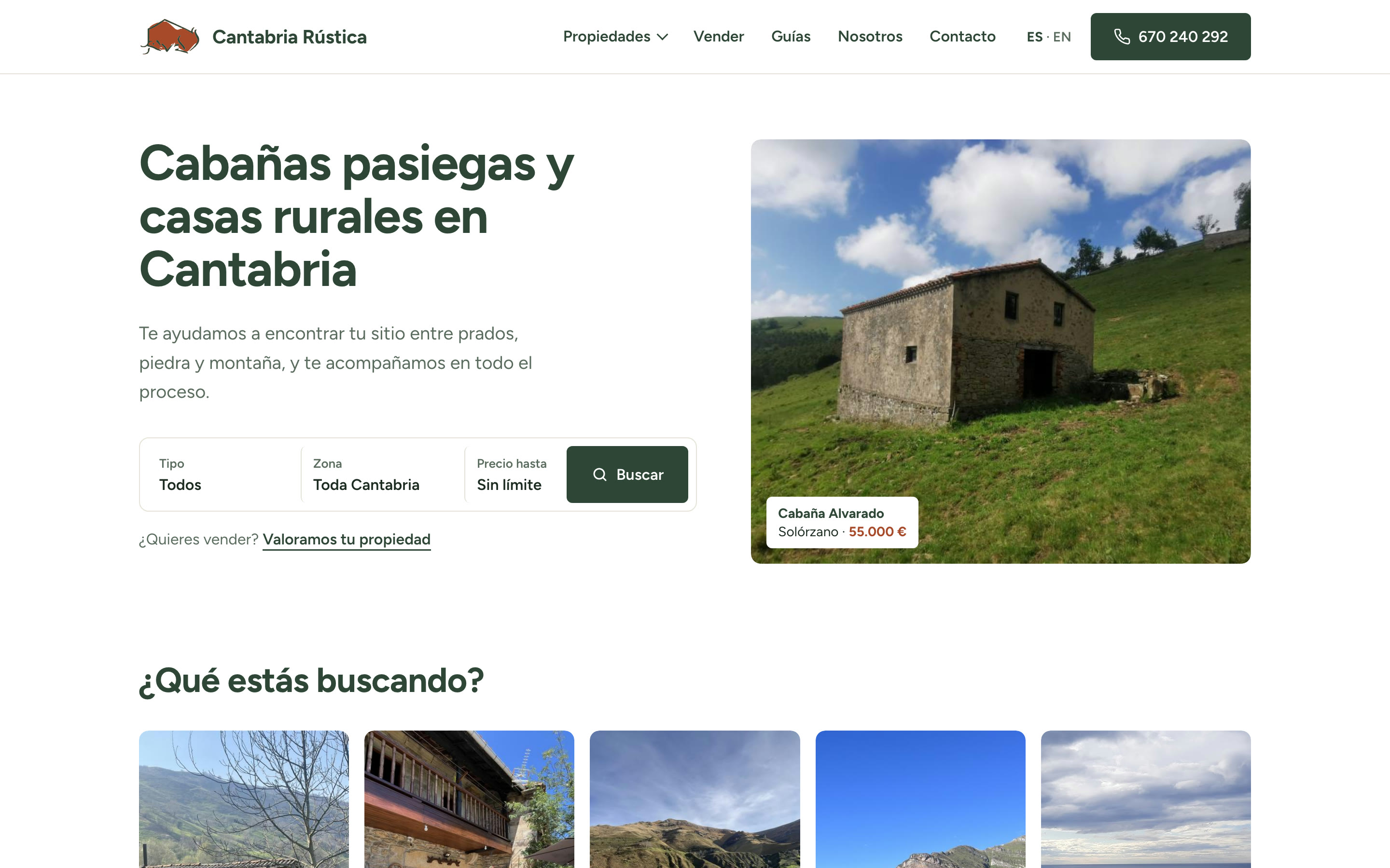 Portada propuesta para Cantabria Rústica, con buscador y foto de una cabaña de piedra en un prado
