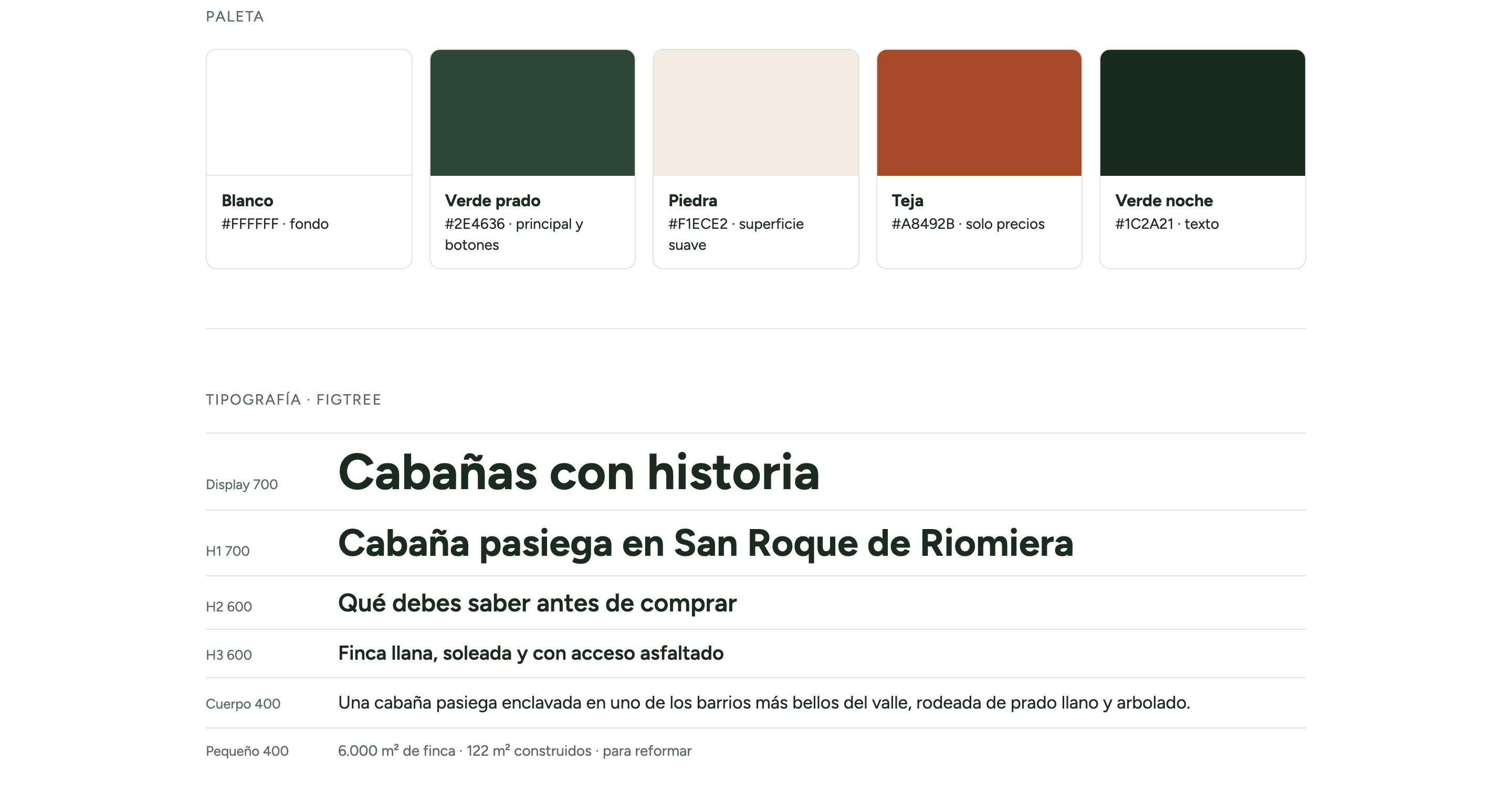 Paleta de Cantabria Rústica (blanco, verde prado, piedra, teja y verde noche) y escala tipográfica en Figtree