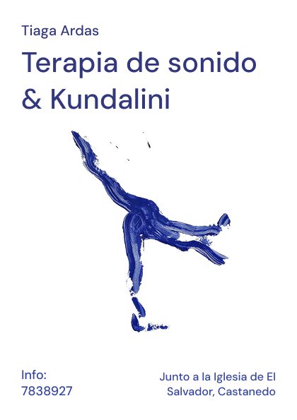 Cartel de terapia de sonido y Kundalini con una figura pintada a pincel en azul